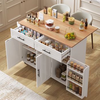 Isla De Cocina Blanca Con Ruedas, Mesa Plegable Y Encimera Efecto Madera, 129 X 71 X 91,5 Cm