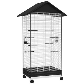 PawHut Jaula para Pájaros con Ruedas Pajarera Metálica con Bandeja Extraíble Puertas 79x65x155 cm Negro
