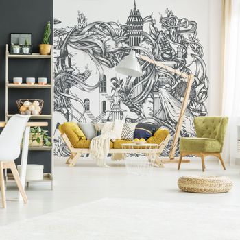 Papel pintado panorámico gráfico de mundos submarinos, gris