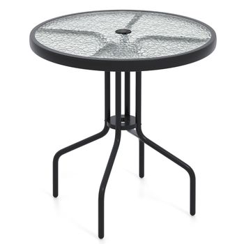Costway Mesa de Comedor para Patio de 70 cm Mesa Redonda de Bistró con Estructura Metálica y Superficie de Vidrio Templado con Agujero para Sombrilla