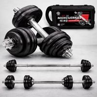 juego de pesas de hierro fundido de 15kg con barra de union y maletin de transporte 15kg