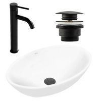 set lavabo sobre encimera pamela white rea  grifo de bano lungo black matt  tapon black matt