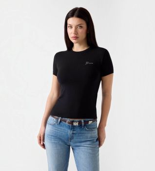 Guess para mujer. W6YI12K3751 Camiseta con logo de pedrería negro (M), Casual, Modal, Manga corta