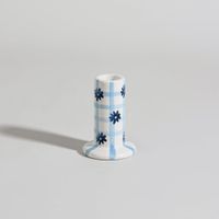 portavelas de ceramica impresa blanca y azul 9 cm