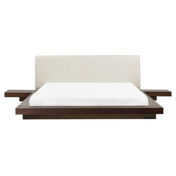 Cama De Agua Moderna Con Colchón Mesitas De Noche Cabecero De Piel Sintética Mdf Madera De Fresno Oscuro 160 X 200 Cm Zen
