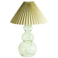 lampara de mesa decorativa moderna con forma escultural base de vidrio pantalla en forma de campana tela verde sengwa