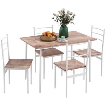 HOMCOM Conjunto de Comedor 5 Piezas Juego de 1 Mesa y 4 Sillas con Pies Acero para Cocina 110x70x75 cm Madera Natural y Blanco   Aosom España