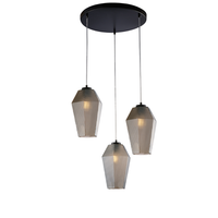 prisma suspension en hierro lacado negro con cables electricos orientables y difusores en cristal soplado gris espejo con dec 3 luces en relieve