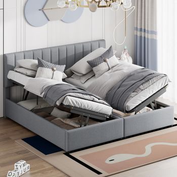 Cama Contenedor 180 X 200 Cm/2 X 90 X 200 Cm Con Cabecero - Cama Modular - Apertura Lateral - Tejido De Lino - Gris