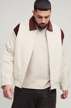 Chaqueta Plus Acolchada De Pana Con Cuello En Contraste, Cream