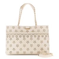 bolso shopping efecto napa suave con bordado sangallo y bolsillo frontal beige