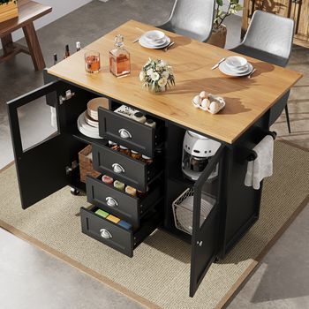 Isla De Cocina Extensible Con Ruedas, Color Blanco Y Negro, 4 Cajones Y 2 Puertas.