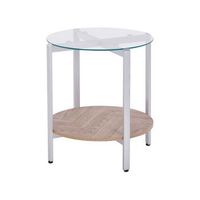 mesa auxiliar moderna tablero de vidrio templado estructura de metal 1 estante madera clara plateado lovell