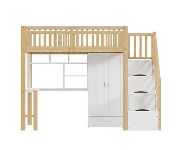 Cama alta 90x200 - con armario grande, estante y mesa, escalera con almacenamiento - color madera