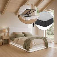 cama canape de matrimonio con colchon  cama doble con cabecero y canape led  somier lamas  blanco  madera y polipiel  modelo nitas  150x190
