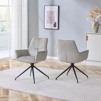 Juego De 2 Sillas De Comedor Giratorias 360°, Tela Gris Y Patas Metálicas Negras