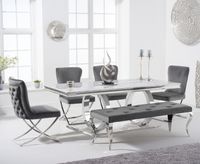 harlow 180cm marble dining table with giovanni velvet chairs and fitzrovia bench - grey 2 chairs