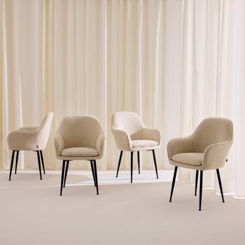 Sillón de terciopelo de canalé y patas de metal negro, set de 4,