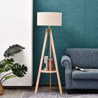 lampara de pie tripode de madera con pantalla de tela beige homcom