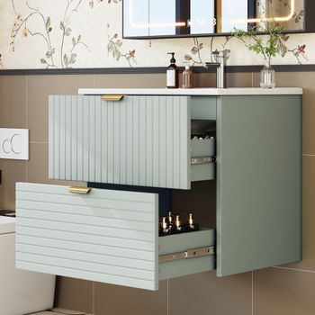 Mueble De Baño Con Lavabo - Mueble Suspendido - Mdf Y Cerámica - Verde Menta (61x46x57cm)