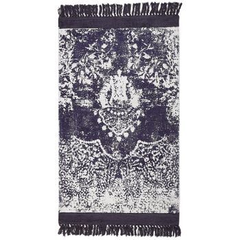 Alfombra De Viscosa Violeta Blanco 80 X 150 Cm Algodón Flecos Envejecido Akarsu