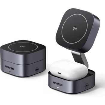 Estación de Carga Inalámbrica Ugreen 2 en 1 MagSafe Qi2 15W Plegable Gris