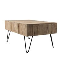 mesa de centro rectangular de 2 cajones de teca y metal 90 cm