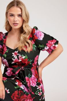 Yours London Top Negro De Flores Con Escote Corazón, Mujer Curvy Y Tallas Grandes, Yours London