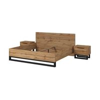 conjunto de cama 160x200 y dos mesitas de noche estilo industrial - coleccion milos color roble crudo y negro somier incluido