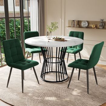 Juego De Comedor - Mesa Y Sillas - Mdf, Metal Y Terciopelo - Blanco Y Verde (100x100x75cm)