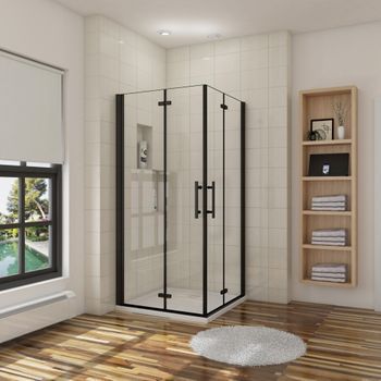 Aica Mampara De Ducha Cuadrada Plegable Vidrio Templado Easyclean De 5 Mm Con Perfil Negro Mate Tamaño:(880-900)x(880-900)x1900mm