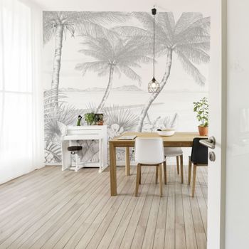 Papel pintado panorámico playa tropical, gris 525 x 250cm