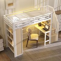 cama mezzanine 90 x 200 cm con escritorio almacenamiento tira led y escalera estructura hierro blanco