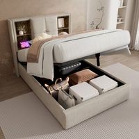 cama de 90x200 cm en algodon carga inalambrica usb tipo c 4 estantes en cabecera almacenamiento hidraulico de gran capacidad color natural