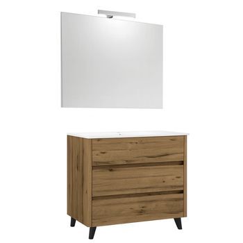 Kibath Mueble De Baño Con Lavabo, Espejo Y Aplique Led Sirex 100x45 Cm Acabado Teca Claro Mate 3 Cajones Con Patas