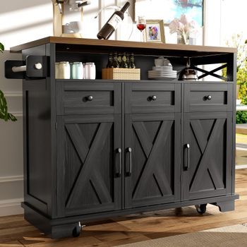 Isla De Cocina De 118x43-70x98cm, Paredes Desmontables, Toalla, Color Negro.