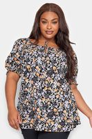 yours top negro y naranja floral manga corta abullonada mujer curvy y tallas grandes yours