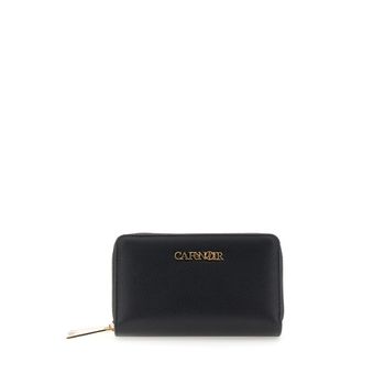 cartera de doble cremallera con efecto saffiano y letras black