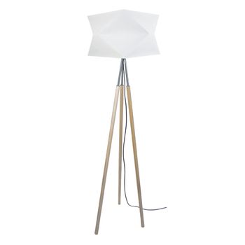 Lámpara de pie columna madera  natural metal  aluminio pantalla blanco