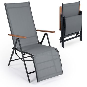 Costway Tumbona Plegable con Respaldo Ajustable 5 Posiciones Reposabrazos Tejido Transpirable para Balcón Jardín Piscina Carga 150kg Gris