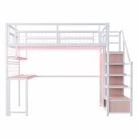 cama alta metalica 140 x 200 cm - con escalera de almacenamiento armario estantes mesa estanteria de red tira de luz y enchufe - blanco