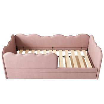 Lit Jour 90x190 Cm, Litera Abatible, Forma Nube, Listones, 6 Ruedas Con Freno, Canapé, Sin Colchón, Terciopelo Rosa