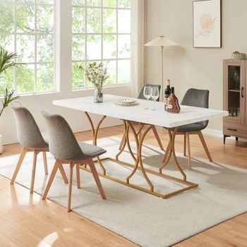 Mesa De Comedor Figa Rectangular 180x80x75 Cm - Efecto Mármol Blanco/dorado [en.casa]