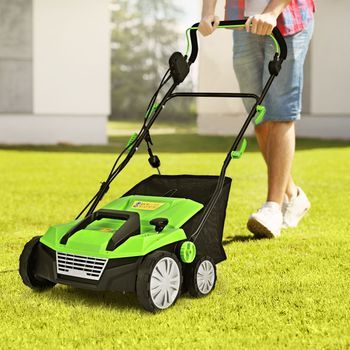 Escarificador Eléctrico 2 En 1 Con Cable De 13 Amperios Capacidad De Bolsa 50l Ajustable De 4 Posiciones Y 2 Cuchillas Extraíbles Verde