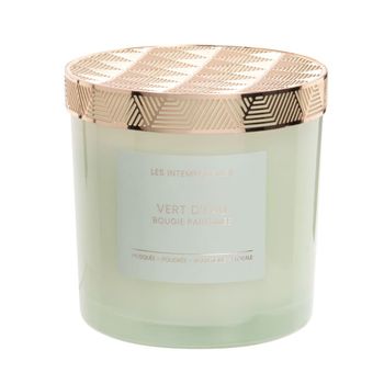 Vela perfumada en tarro de vidrio tintado verde con metal dorado 350g