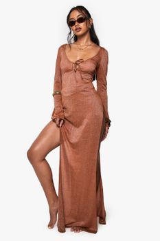 Vestido Maxi Para La Playa De Manga Larga Con Purpurina Premium, Naranja