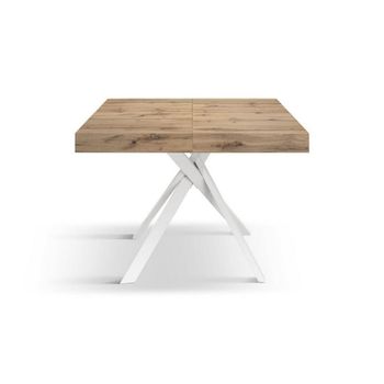 Mesa de madera roble rústico, patas metal blanco 95x90-145x90cm
