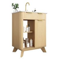 mueble de bano diseno onduladoacabado en color madera natural 3 cajones extraibles y puerta corredera con estante sin grifo