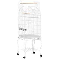 pawhut jaula para pajaros con ruedas y estante 51x51x153 cm con parte superior abatible comederos y bandeja extraible blanco