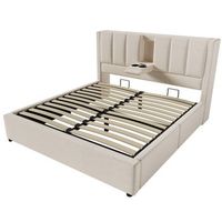 cama beige 140 x 200 cm con almacenaje hidraulico 2 portavasos 3 usb y usb-c